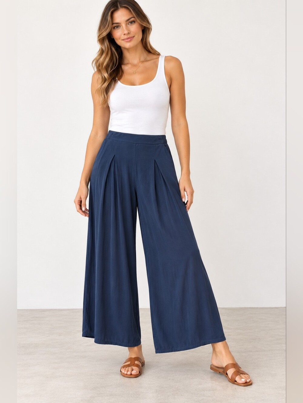 Made in Italy Navy Blue Wide-Leg Ankle Pants